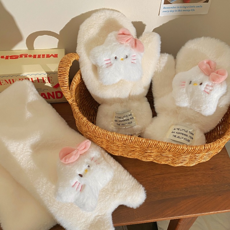Girlish heart bow cat plush gloves, student cycling warm fleece gloves, winter supplies warm gloves Item Picture