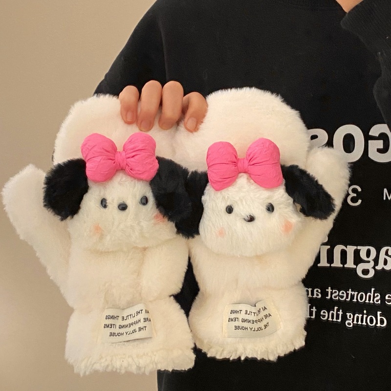 Cartoon Pacha Dog winter warm gloves, fleece and thickened cycling gloves, neck-hanging finger gloves for women full figure