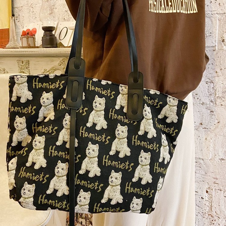 010192 New canvas bag, large-capacity black and white leopard print bag, bell dog underarm bag, portable hand-held tote bag Item Picture