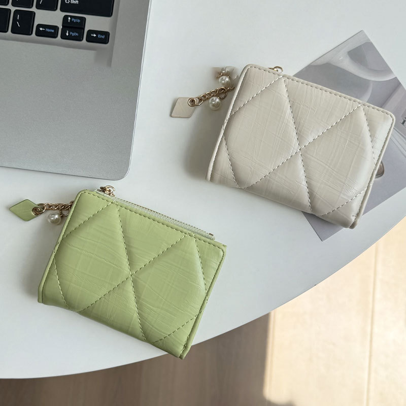 New pearl pendant ~ Simple multi-color two-fold large-capacity WALLET, new cross-border coin purse for women details Picture