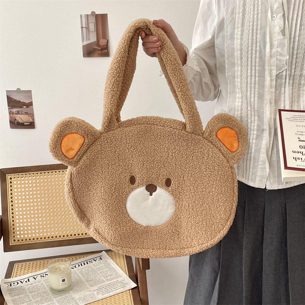 411124 New large-capacity cute bear single-shoulder bag, women's cartoon plush bag, autumn and winter edition hand-held tote bag details Picture