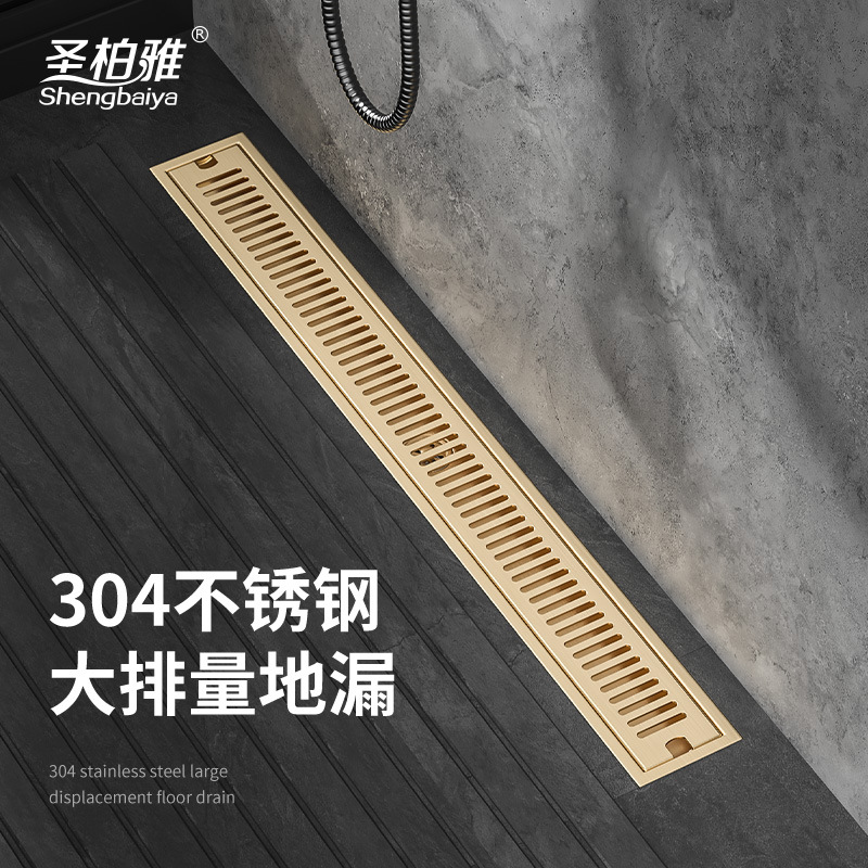 Middle East cross-border golden long floor drain, rectangular 304 stainless steel anti-odor floor drain, hotel bathroom extended strip type details Picture
