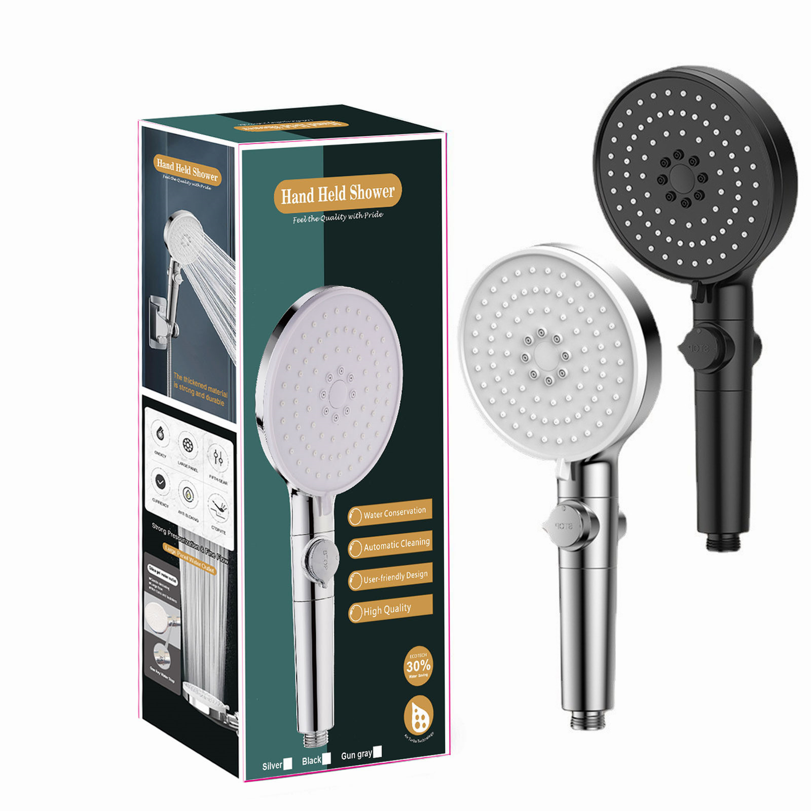 Large water spray five-speed multi-functional pressurized shower head, matte black large handheld showerhead set full figure