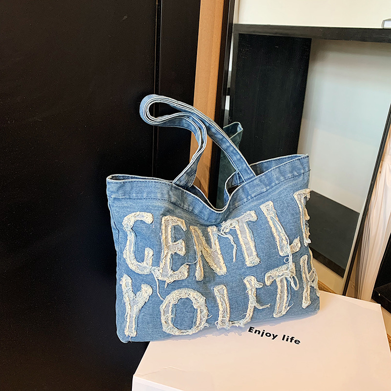 New retro denim bag, women's street casual washed canvas single-shoulder bag, student Korean-style artistic tote bag full figure