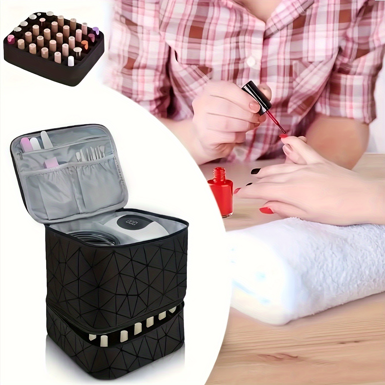 Cross-border bestsellers: Double-layer storage, height-increasing makeup bag, large-capacity portable toiletries bag, makeup bag, nail polish storage bag Specification drawing