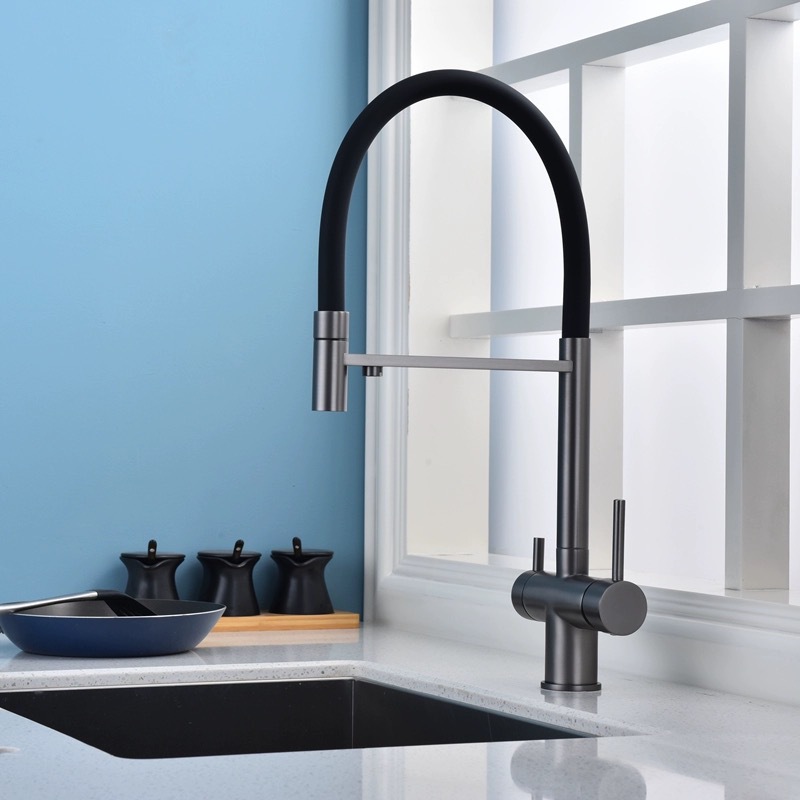 Cross-border 304 stainless steel three-in-one gun gray kitchen pull-out faucet, cold and hot direct drinking water purifier, vegetable basin faucet full figure