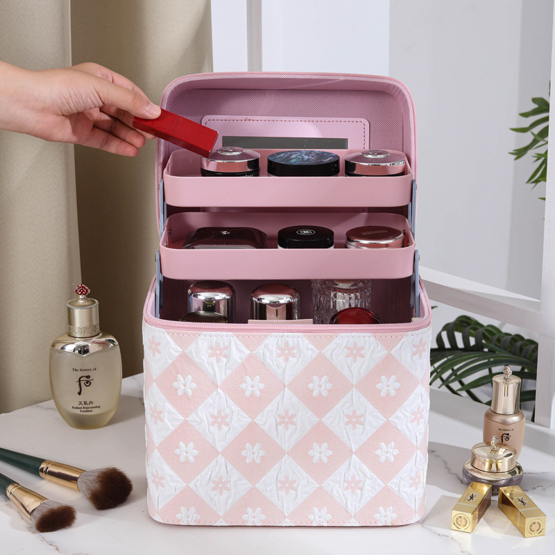 Ins-style makeup bag, large-capacity portable travel cosmetics storage bag, hand-held with mirror, square makeup box Specification drawing
