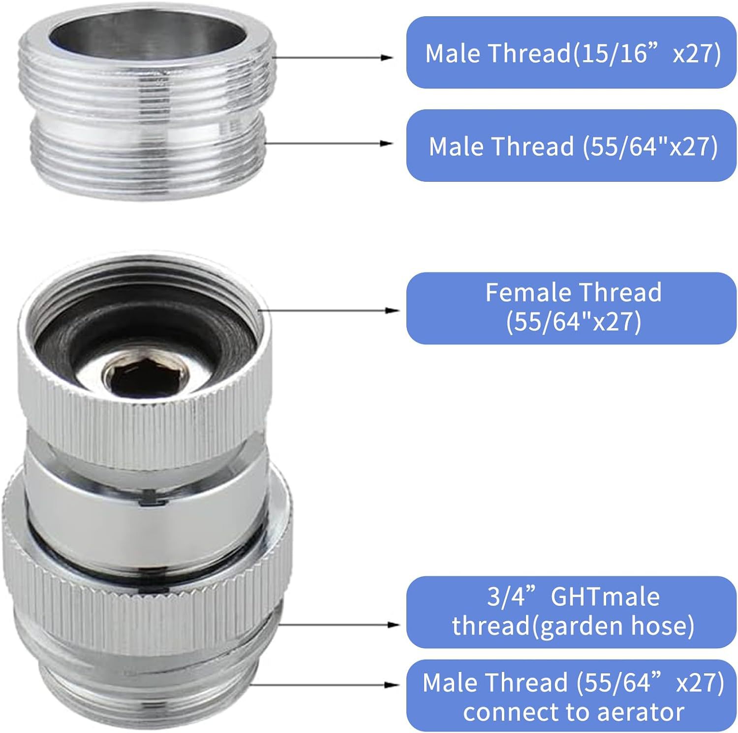 Cross-border US-made 360-degree rotating 3/4GHT chrome-plated garden hose thread faucet adapter kit details Picture
