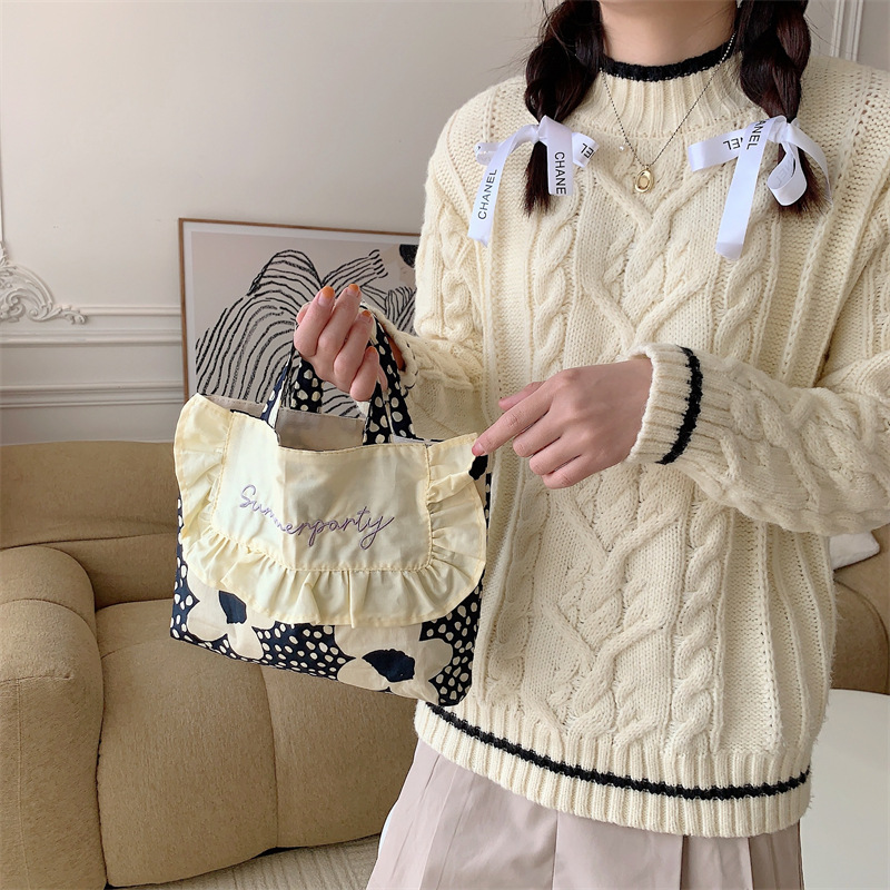 3391 New sweet ruffled bento canvas bag, fresh embroidered handbag, student handbag for spring outing Specification drawing