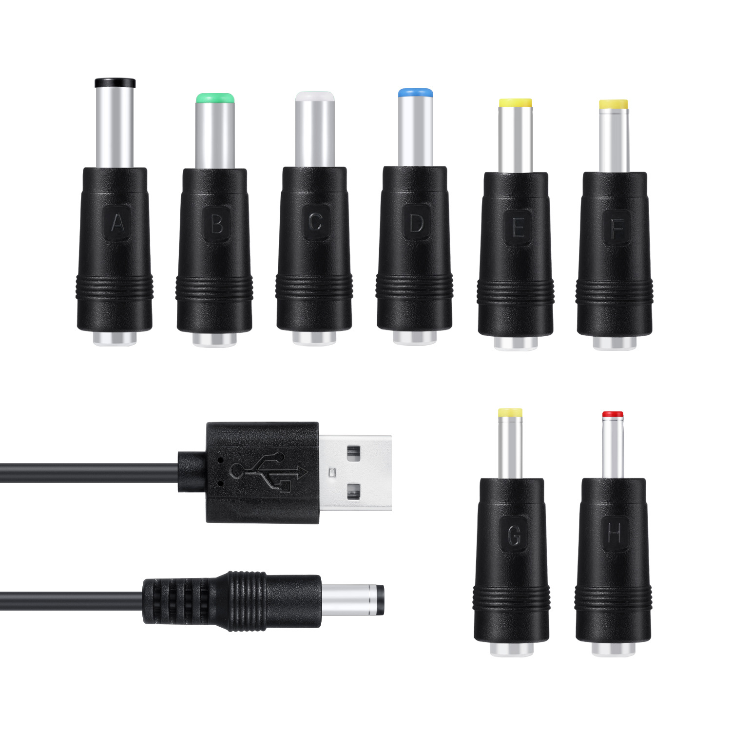DC power cord USB to 5.5*2.1 multi-functional dc interchangeable plug USB to 5521 male 8-in-1 charging cable Item Picture