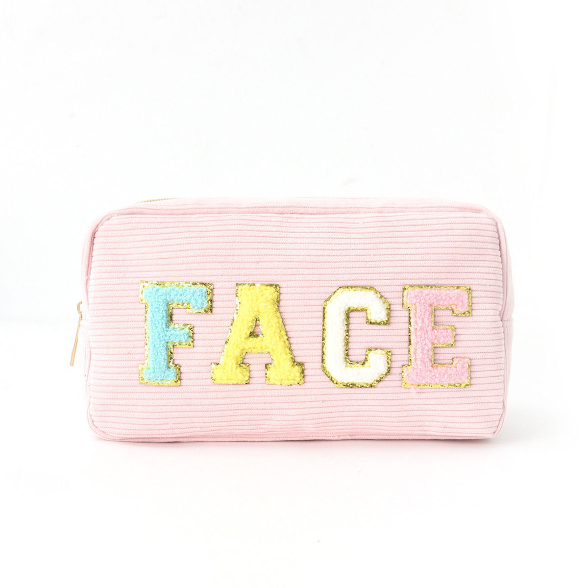 Customized corduroy makeup bag with letter embroidery, fashionable and casual ladies' toiletry bag, travel portable makeup storage bag Item Picture