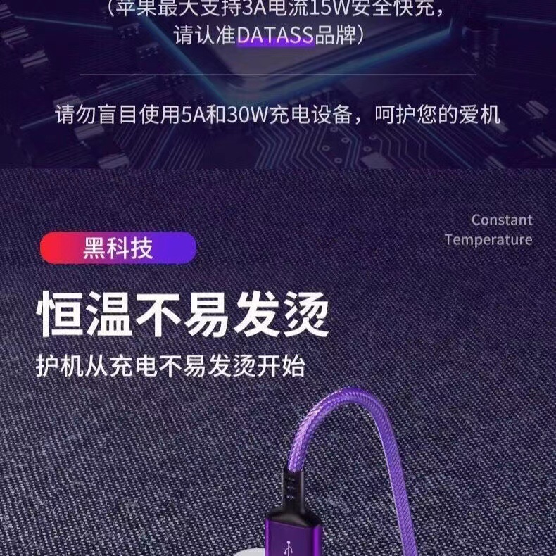 The fish ribbon light braided data cable is suitable for Apple and Android type-c phones, 5A, and Huawei 2-meter extended charging cables Specification drawing