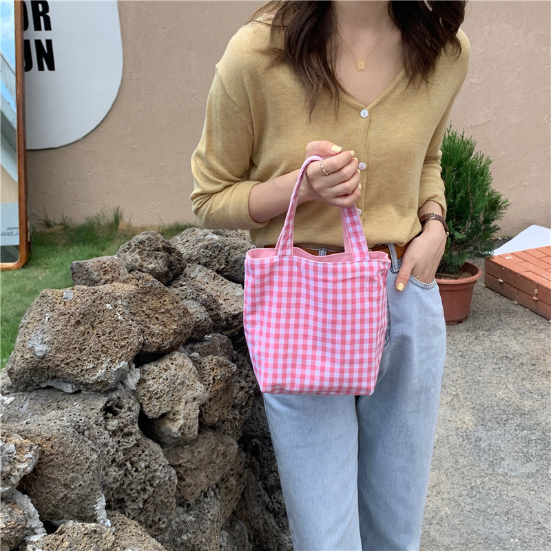 17163 Fresh Double-sided checkered Bag, dual-purpose Canvas Bag, Handbag, female student Mommy Hand-held Bento Bag wholesale Specification drawing