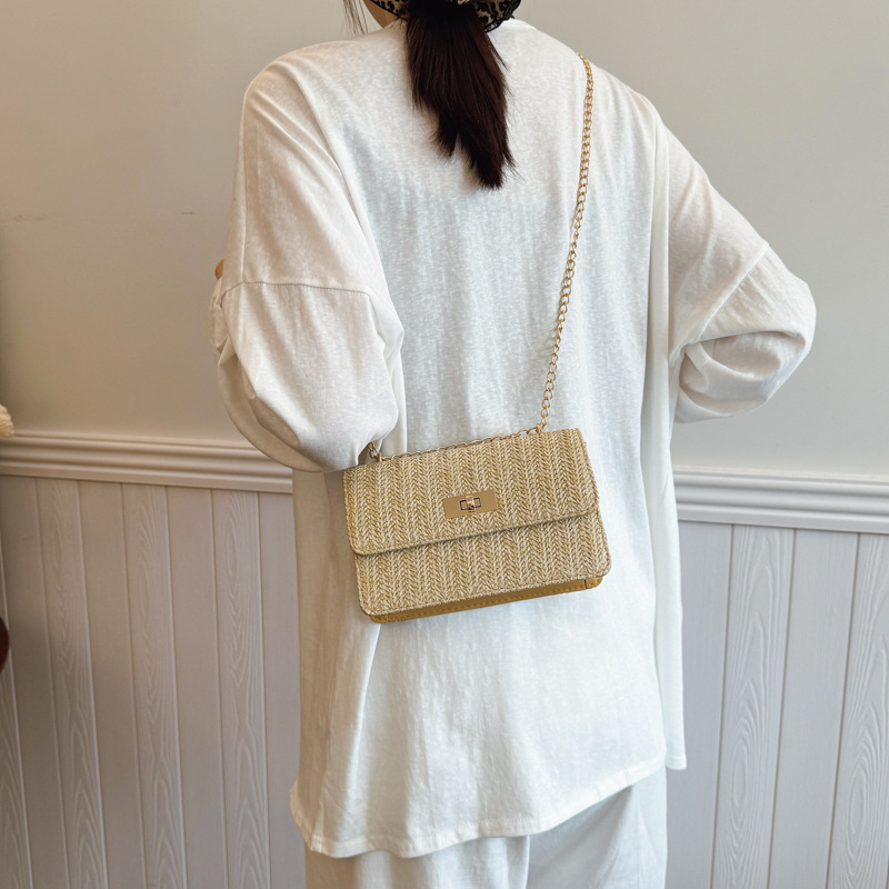 Bag 2025 Korean Version New straw-woven chain small square bag, single-shoulder crossbody bag, fashionable lock women's bag, large capacity bag details Picture