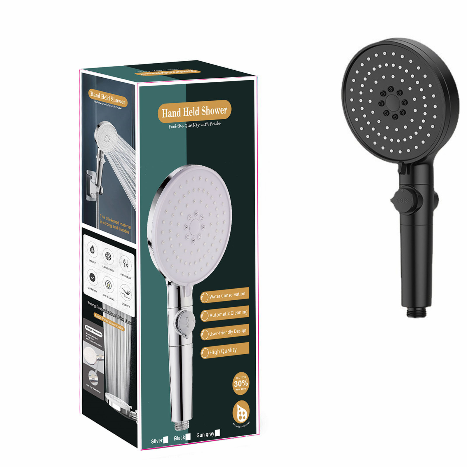Large water spray five-speed multi-functional pressurized shower head, matte black large handheld showerhead set Item Picture