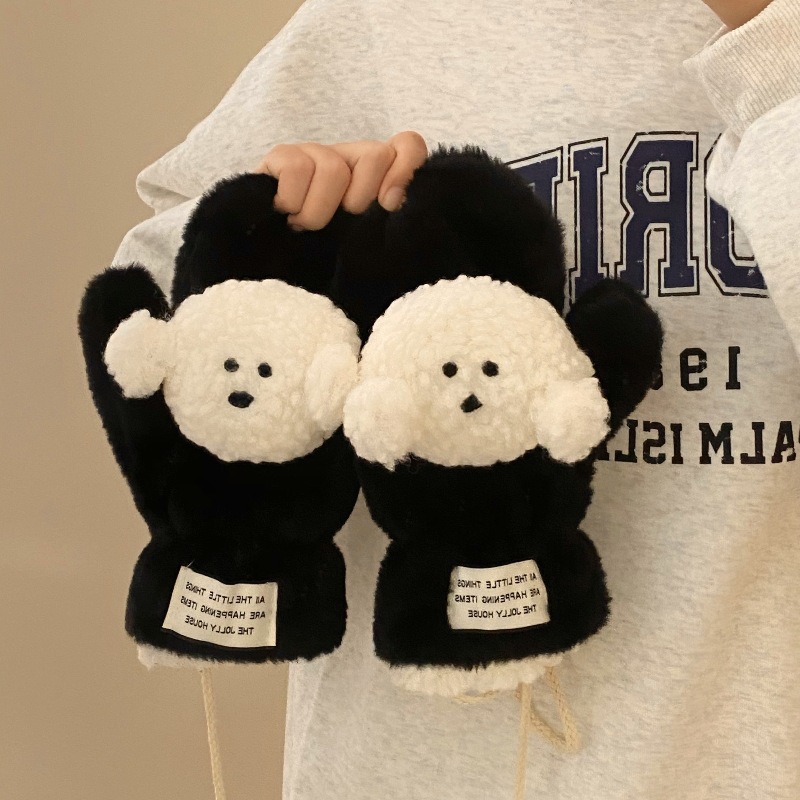2024 New cartoon puppy plush gloves, winter warm gloves, student cycling windproof and cold-proof outdoor gloves details Picture