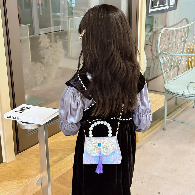 Hot-selling children's single-shoulder bag, exquisite ancient-style little girl coin purse, cute princess outdoor casual pearl handbag Specification drawing