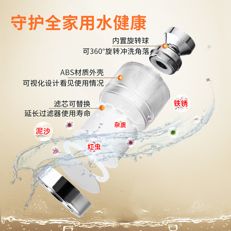 Kitchen faucet splash-proof water outlet basin, rotary filter, pressure-increasing, universal bubble generator, extender, universal installation Specification drawing
