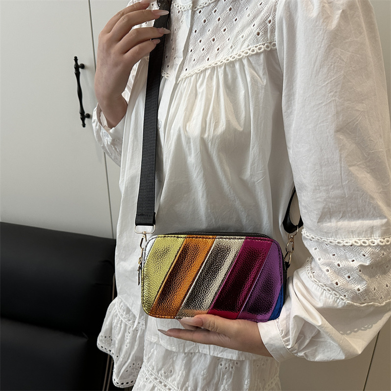Twill Rainbow 2025 color-blocking Korean style fashion patchwork, stylish Twill striped single-shoulder crossbody small square bag for women details Picture