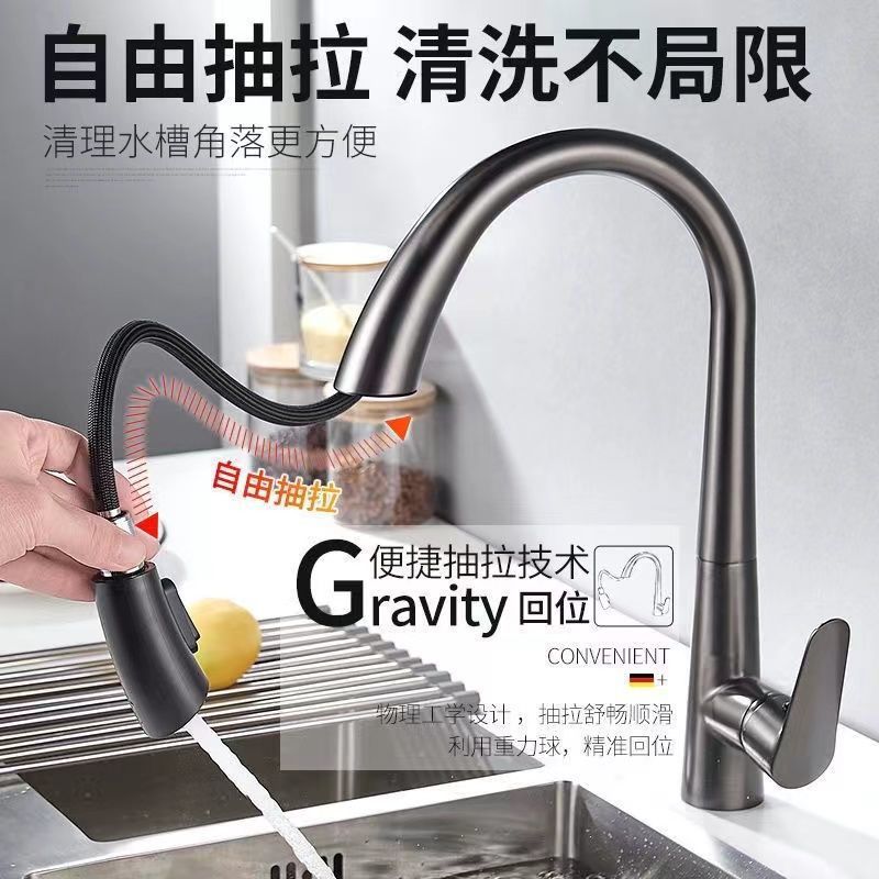 Brass household white pull-out kitchen faucet, cold and hot water double sink, gun ash, rotatable faucet factory details Picture