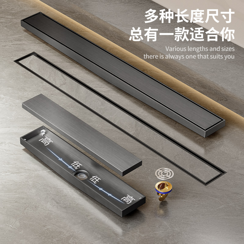 304 stainless steel electroplated gun, gray hidden floor drain with drainage slope, rectangular floor drain with invisible long strip, anti-odor details Picture