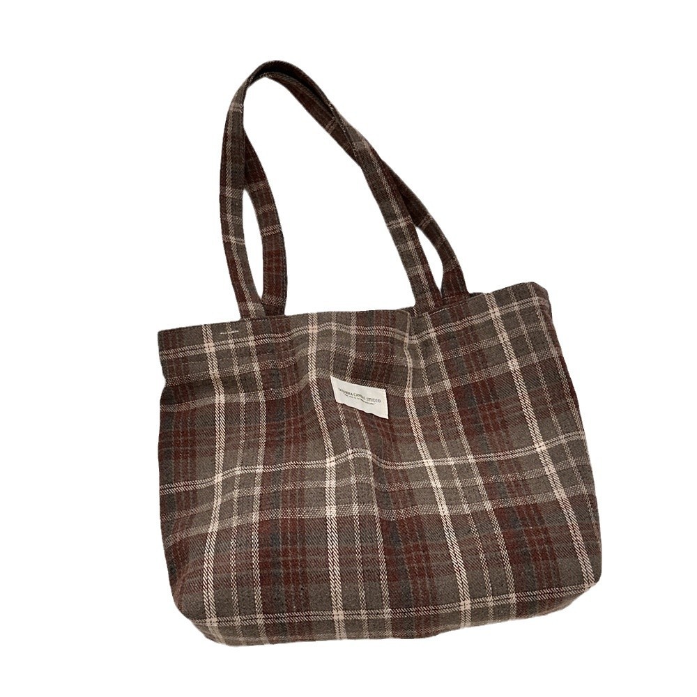 410161 Autumn/Winter Edition Woolen checkered single-shoulder bag, large-capacity handbag, retro student commuting fashion women's bag Item Picture