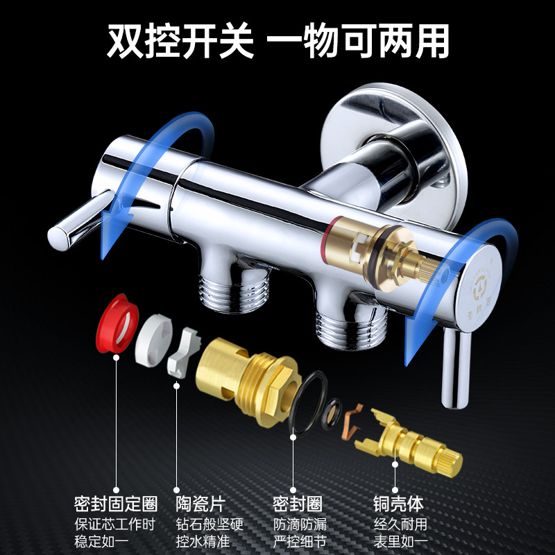Brass Angle valve, one-in, two-out, three-way faucet for washing machine, thickened Angle valve, all-copper four-way Angle valve Specification drawing