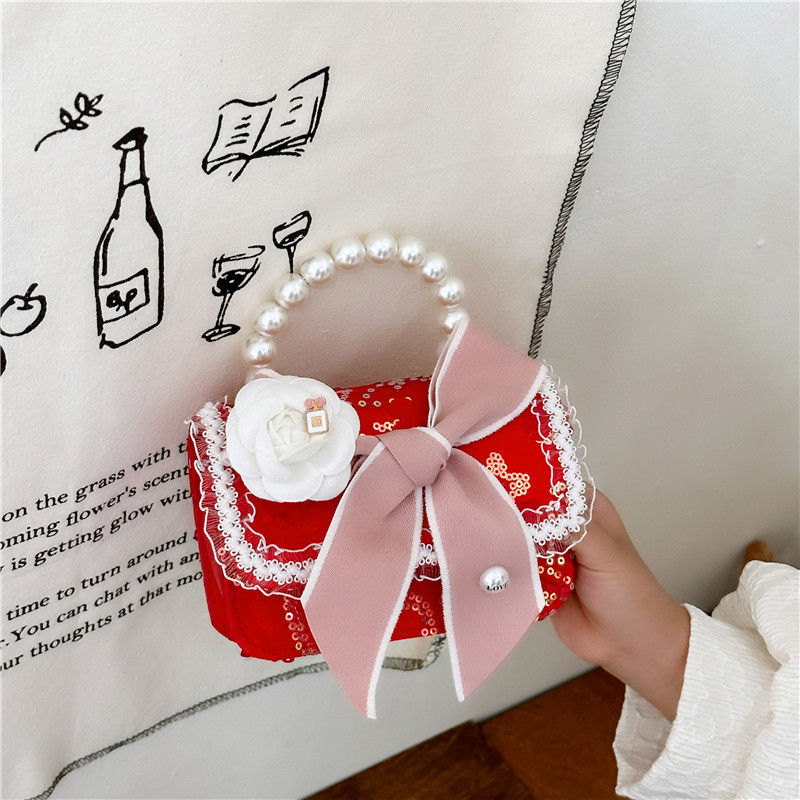 2024 red bag, fashionable princess accessory bag, bow pearl handbag, stylish children's crossbody bag full figure