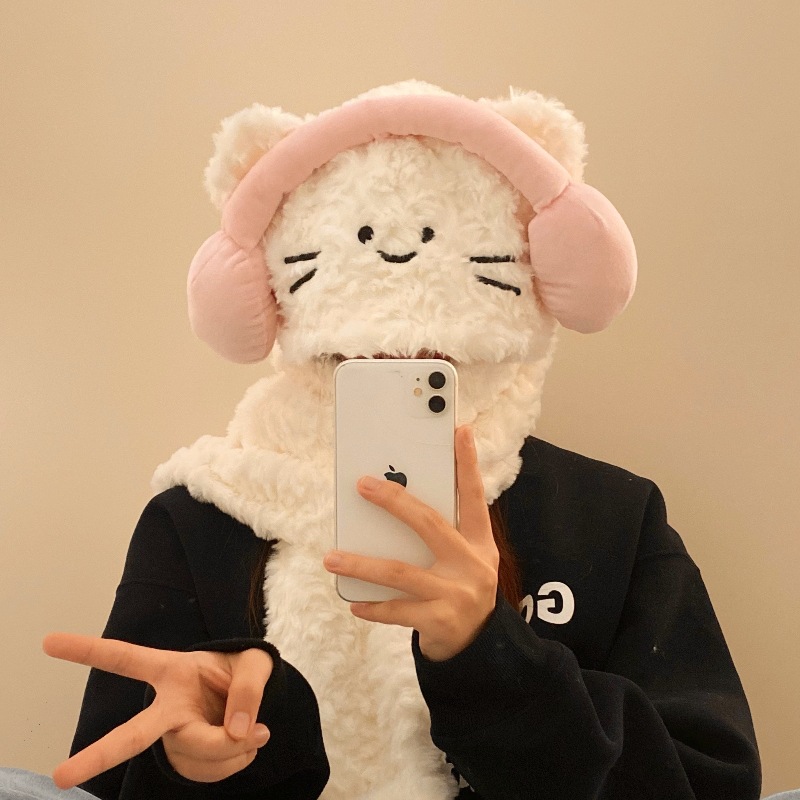 Girlish heart headphones, cat hat, women's winter scarf three-piece set, scarf, warm, windproof and ear-protecting velvet hat Item Picture