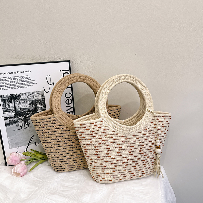 Simple and large-capacity handbag, bestseller, versatile cotton rope woven tote bag, handcrafted rattan woven vegetable basket handbag for women full figure