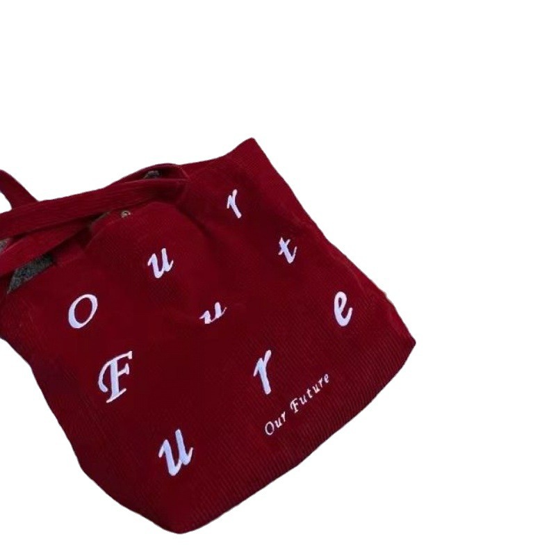 How have you been? New red corduroy retro single-shoulder bag for women, versatile, large-capacity embroidered simple tote bag for women Item Picture