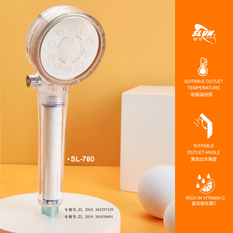 The popular and best-selling SL780 pressurized filtration aromatherapy showerhead features a one-button water stop and chlorine removal pressurized showerhead full figure