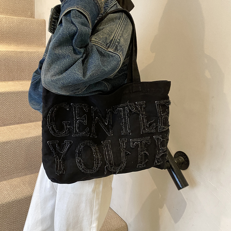 New retro denim bag, women's street casual washed canvas single-shoulder bag, student Korean-style artistic tote bag Specification drawing