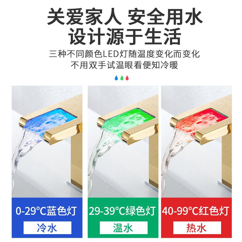 Black and gold faucet, bathroom cabinet, hand washing basin, waterfall, cold and hot LED temperature sensing, color change and light emission Item Picture