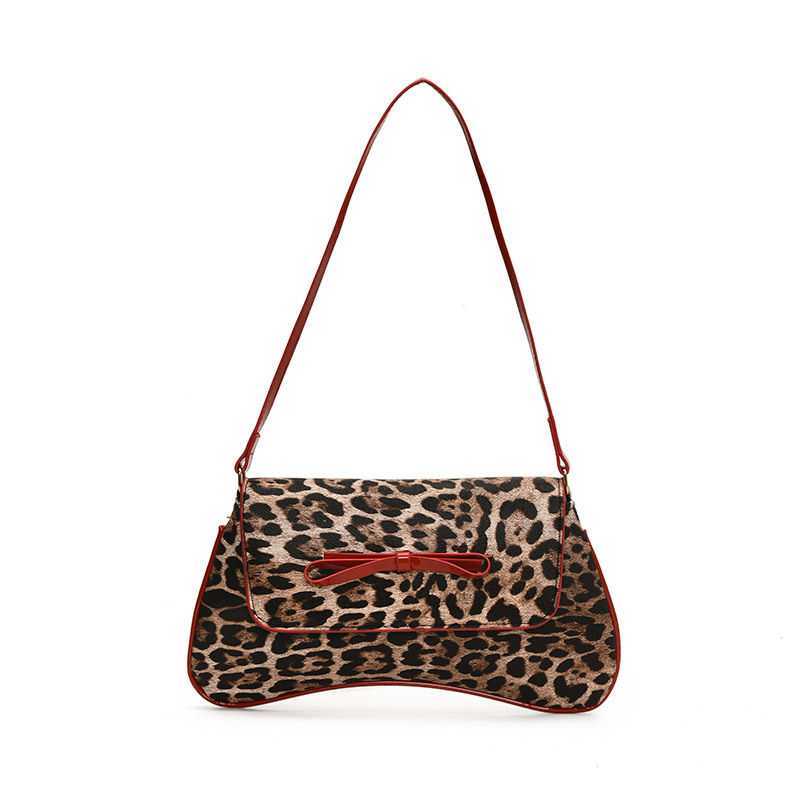 A new retro Korean-style leopard print bag with a bow, fashionable PU leather, trendy, individual and stylish single-shoulder underarm bag Item Picture