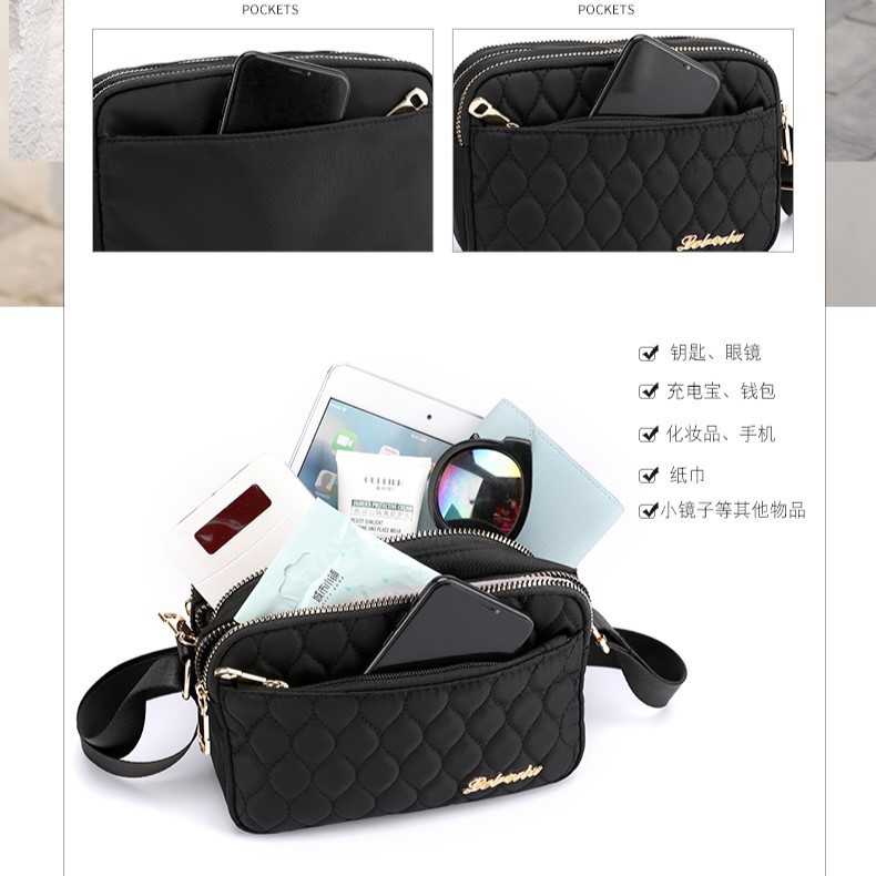 Korean-style simple single-shoulder bag for women, multi-layer storage, convenient nylon bag, versatile casual travel crossbody bag wholesale Specification drawing