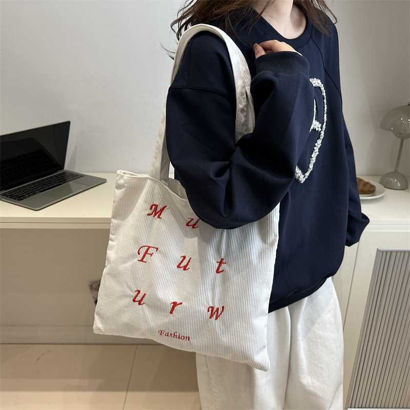 Letter-embroidered single-shoulder bag, women's artistic corduroy large-capacity tote bag, hand-held shopping bag, student class bag details Picture