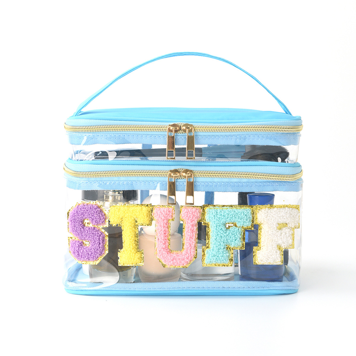 Amazon embroidery storage bag, PVC transparent double-layer letter cosmetic bag, travel toiletry bag, large capacity cosmetic bag Item Picture