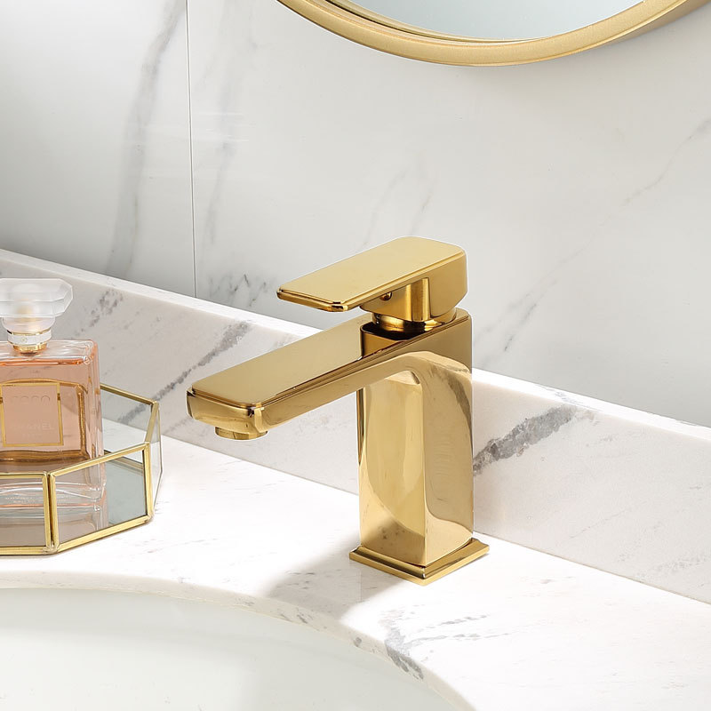 All-copper square washbasin, hot and cold water faucet under-sink, light luxury and simple single-hole washbasin, faucet washbasin details Picture