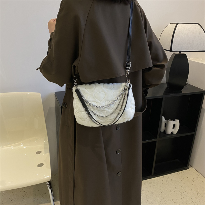 Maomao Women's Bag 2024 Winter New simple and fashionable women's handbag, solid color chain plush casual bag Specification drawing