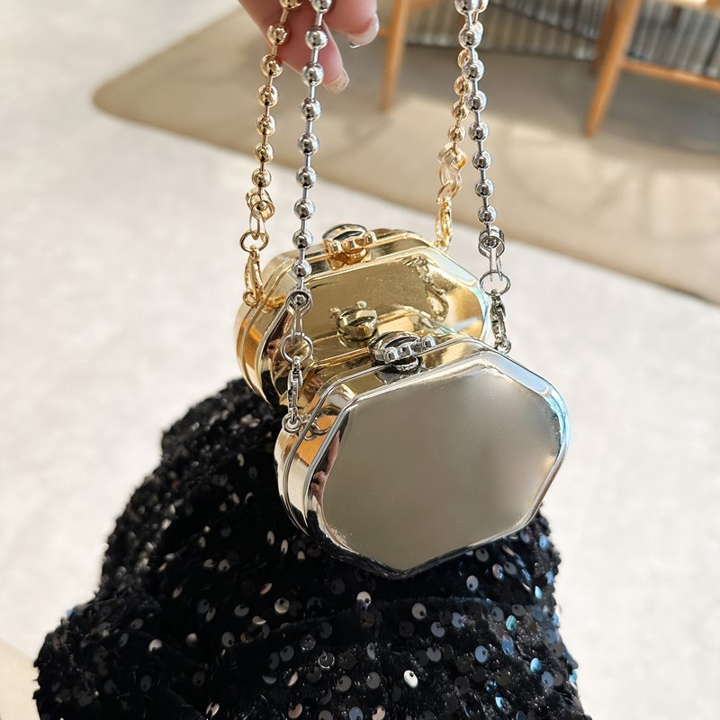 2025 New cross-border metal mini bag, zinc alloy small round bag, single-shoulder crossbody fashionable mouth red envelope makeup small bag Specification drawing