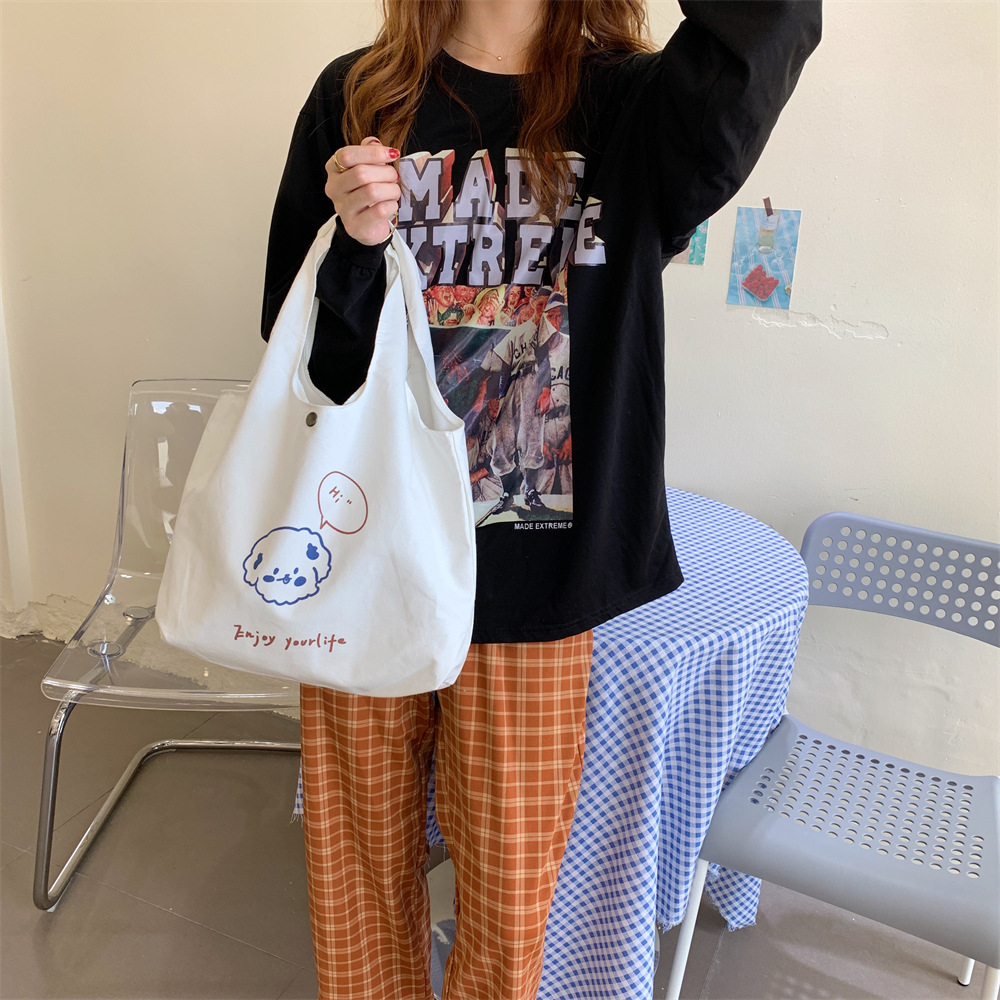 07241 Lazy cartoon printed vest bag, simple large-capacity canvas bag, student class bag, shopping bag for shopping full figure