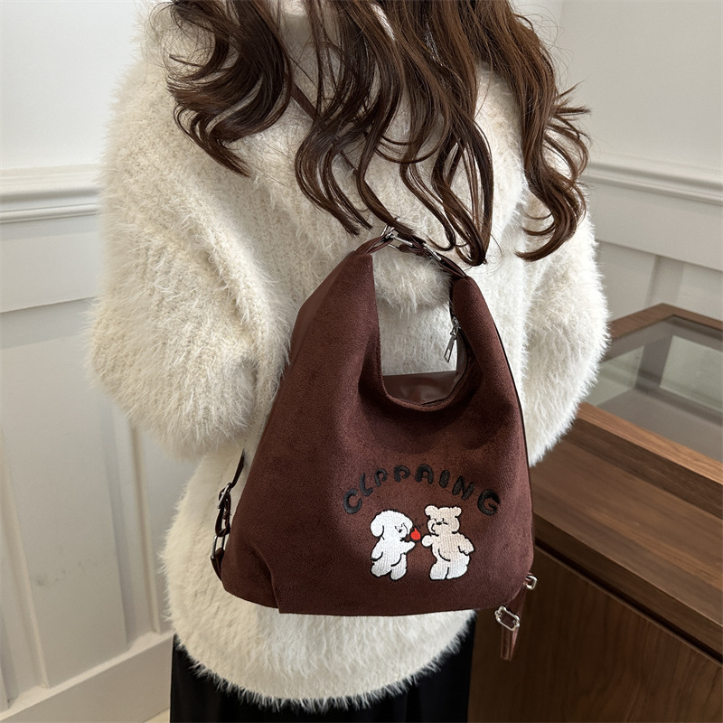 Women's autumn deerskin fleece cartoon backpack 2024 New style trendy retro tote bag Casual large-capacity crossbody bag full figure
