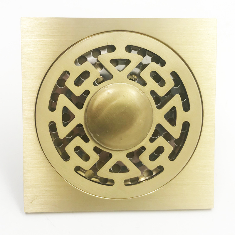 Brass anti-odor floor drain for shower and bathroom, golden square straight bar, thickened floor drain for washing machine, anti-odor device details Picture