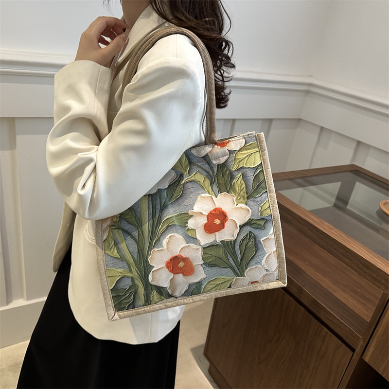 Large-capacity linen commuter bag, 2024 new single-shoulder tote bag, ethnic style student hand-held class handbag details Picture