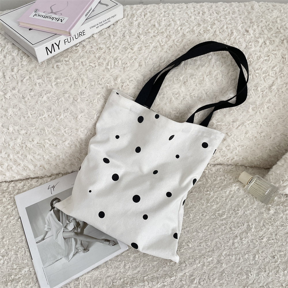 55271 Printed polka dot canvas bag, large-capacity single-shoulder bag, simple student schoolbag, open canvas bag full figure