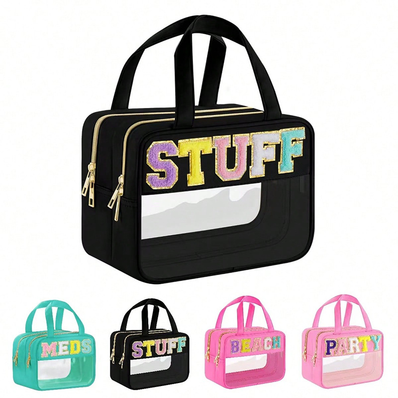 Amazon Cross-border letter cosmetic bag, PVC large-capacity storage bag, multi-functional hand-held portable toiletry bag full figure