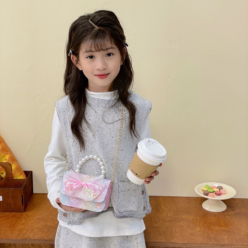 New children's bag, little girl bow pearl single-shoulder crossbody handbag, stylish princess mini coin purse Specification drawing