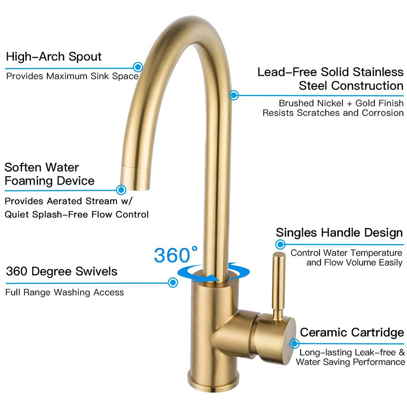Stainless steel gold kitchen faucet with brushed gold face, washbasin, sink and countertop, mixed kitchen cold and hot water faucet Application Scenario