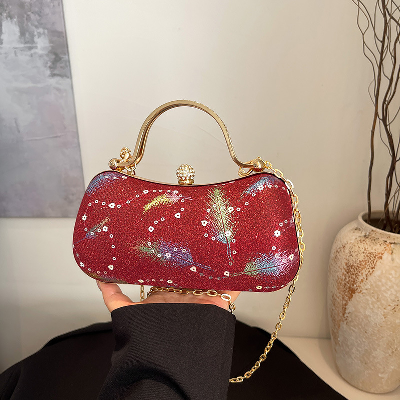 Cross-border retro hand-held women's bag 2025 New style feather sequin dinner bag, single-shoulder crossbody chain box bag full figure